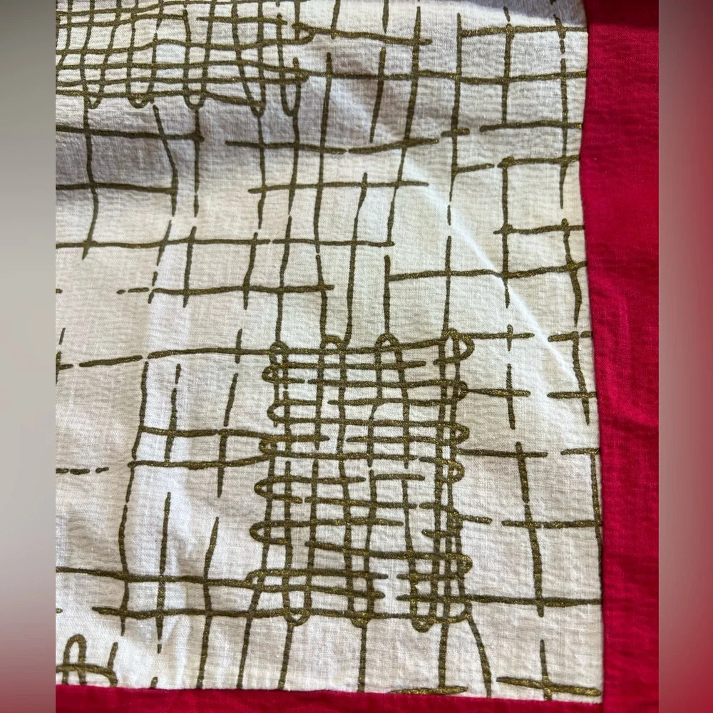 Vintage Tablecloth red 9” edge with cream & soft faded metallic insert